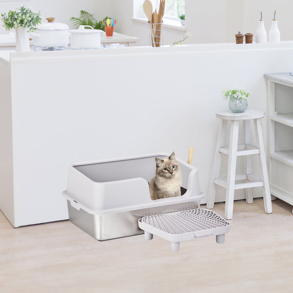 US Local 61x40x33CM, Litter Box, Stainless Steel And Plastic, Upper And Lower Snap Type, With Litter Spatula, Foot Pad - Grey