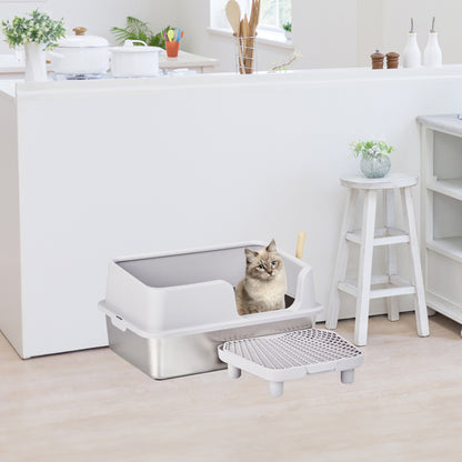 US Local 61x40x33CM, Litter Box, Stainless Steel And Plastic, Upper And Lower Snap Type, With Litter Spatula, Foot Pad - Grey