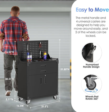 US Local Black Tool Cart With Pegboard And 4 Hooks,Garage Storage Cabinet On Wheels With 2 Drawer,Industrial Service Utility Tool Cart For Mechanics, Garage, Workshop