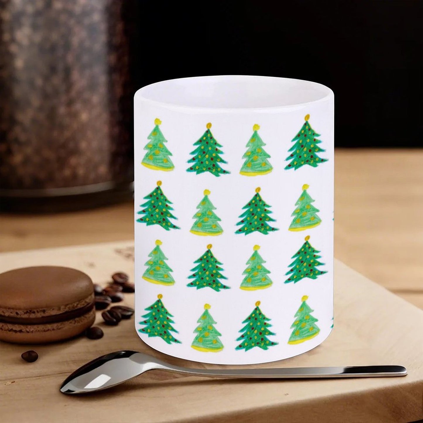 POD US Local White mug with full print, Christmas Tree, Hand Painted, Green 0009