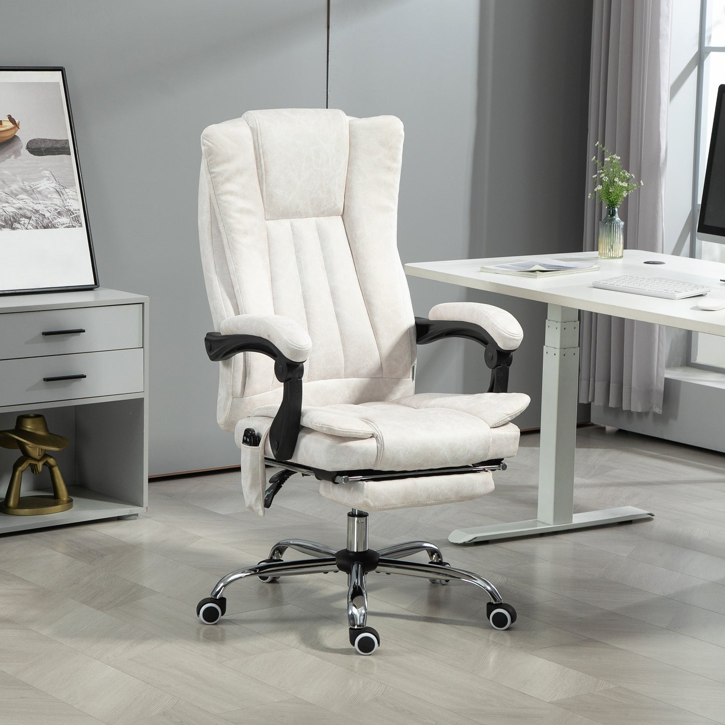US Local Massage Office Chair With 6 Points And Heat, Reclining Computer Chair With Adjustable Height And Footrest, White