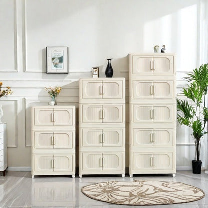 US Local Cream White,19.69 Side Wide Folding Storage Cabinet ,4 Tiers,19.69x11.81x40.55,Collapsible Storage Bins With Magnetic Door, Plastic Storage Cabinet With Wheels