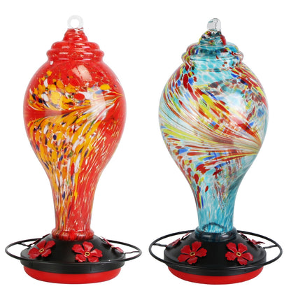 US Local 1Pc Glass Hummingbird Feeder 33OZ Hand Blown Hummingbird Feeder With 5 Flower Feeding Port Perch Ant Moat Hanging Hook S Hook Hemp Rope Cleaning Brush For Garden Decor