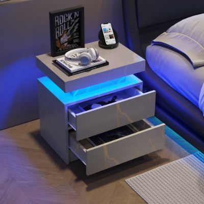 UK Local Nightstand LED Bedside Table Cabinet Lights Modern End Side With 2 Drawers For Bedroom Grey Gold