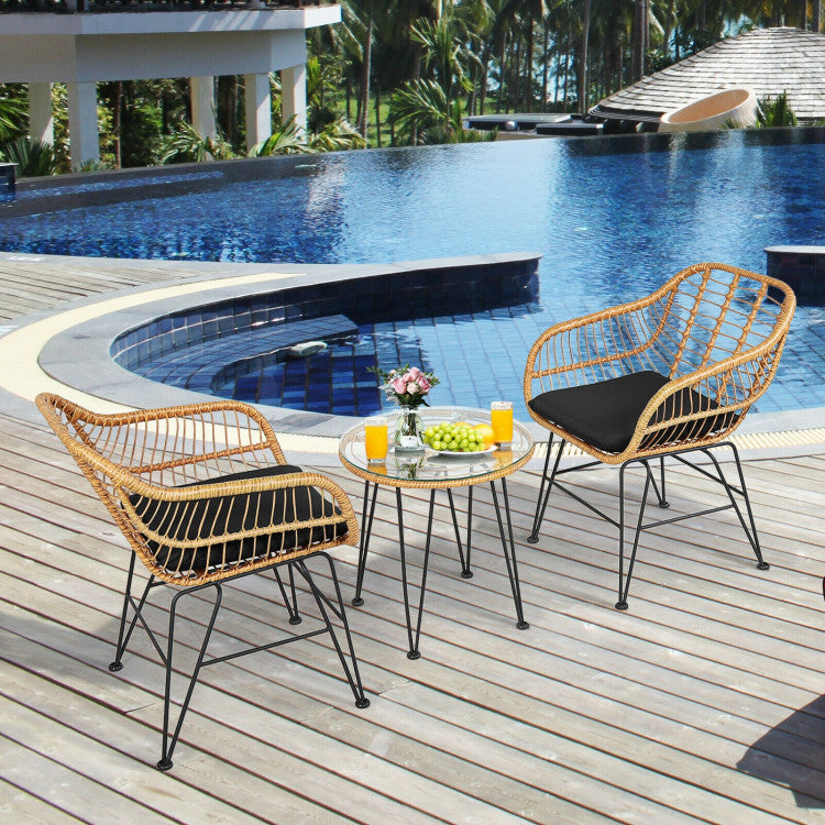 US Local 3 Pieces Rattan Furniture Set With Cushioned Chair Table