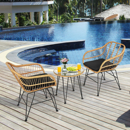 US Local 3 Pieces Rattan Furniture Set With Cushioned Chair Table