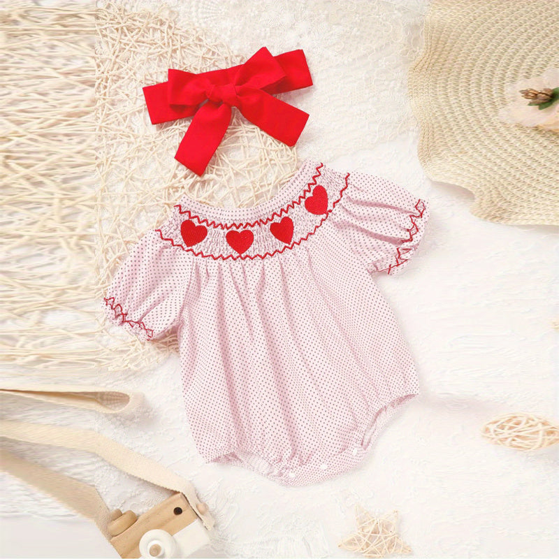 US Local Baby Girl's Short Sleeve Pink Romper, Polka Dot Pattern With Heart Embroidery And Ruffle Detail
