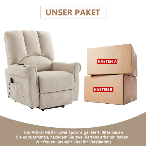 UK Local Power Lift Beige Geriatric Chair - Single Motor, Heated Massage, Standing Assist, Storage Bag, Cup Holder