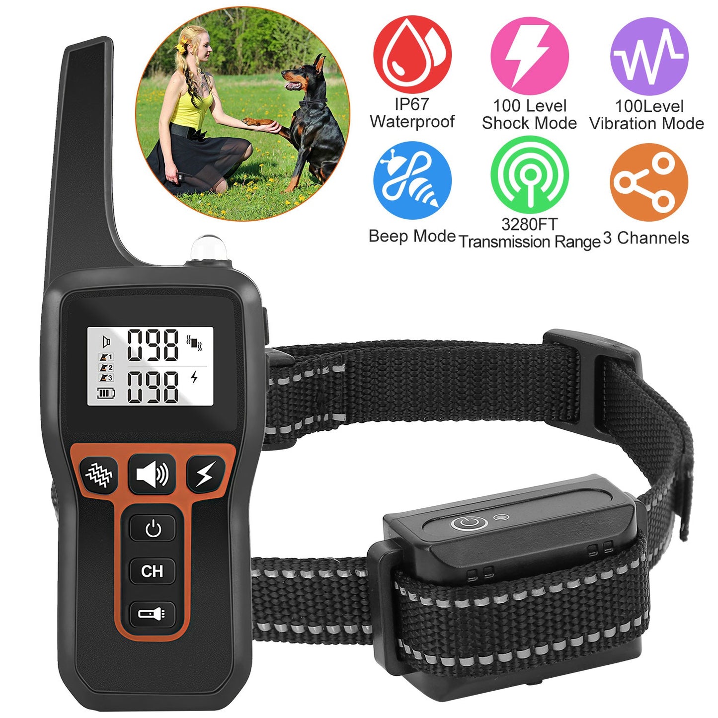 US Local Train Collar OR Receiver Only Options - 3280FT Dog Training Collar IP67 Waterproof Pet Beep Vibration Electric Shock Collar 3 Channels Rechargeable Transmitter Receiver Trainer With Flashlight