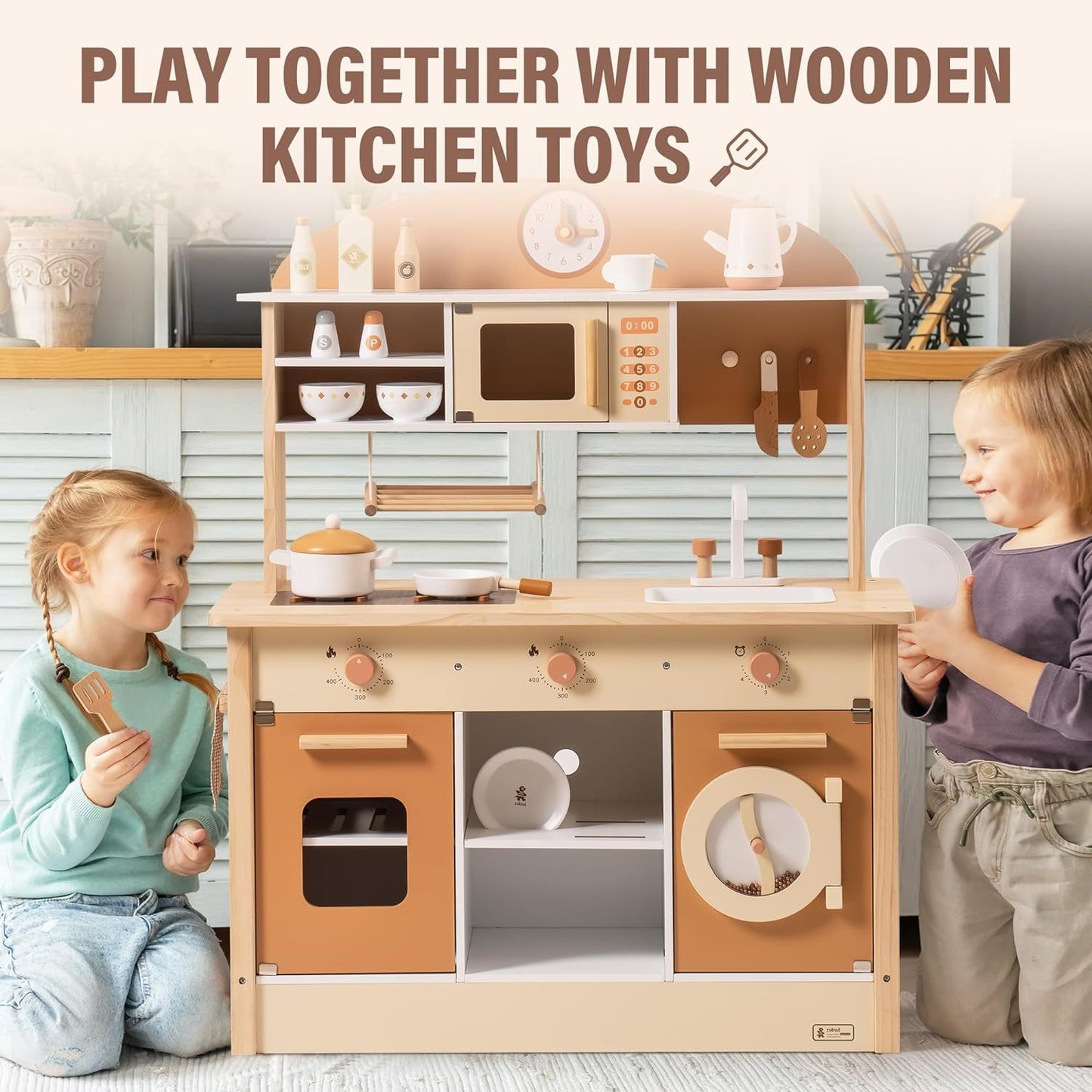 US Local Robud New Large Kids Toddlers Kitchen Playset Wooden Play Toy With Accessories