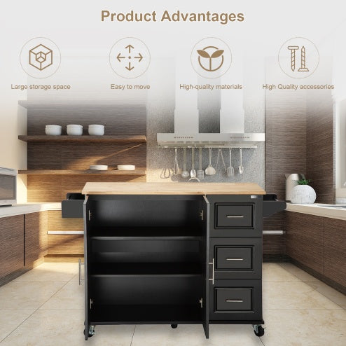 US Local Kitchen Island And Kitchen Trolley, Mobile Kite Island, With Extendable Rubberwood Tabletop, Adjustable Cabinet Shelves