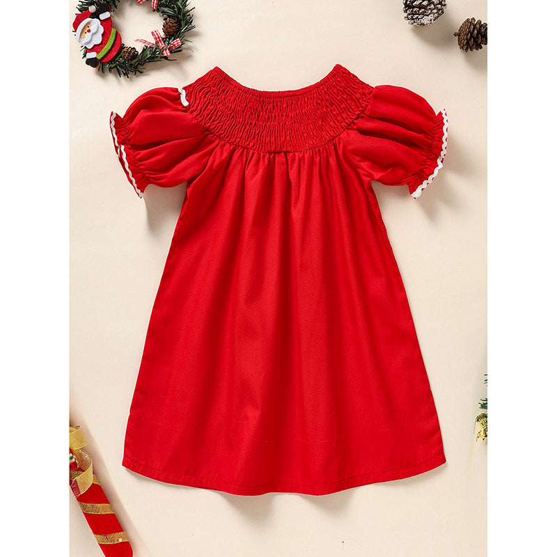 US Local Toddler Infant Girl Christmas Dress Smocked Christmas Tree Embroidery Short Sleeve Princess Party Dress