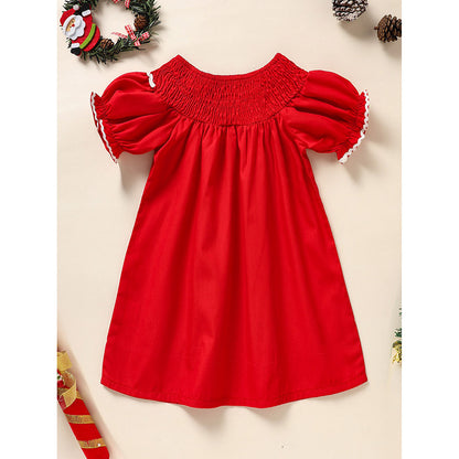 US Local Toddler Infant Girl Christmas Dress Smocked Christmas Tree Embroidery Short Sleeve Princess Party Dress