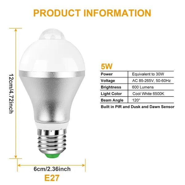 US Local E27 Motion Sensor Light Bulb 9W 5W 6500K Dusk To Dawn
