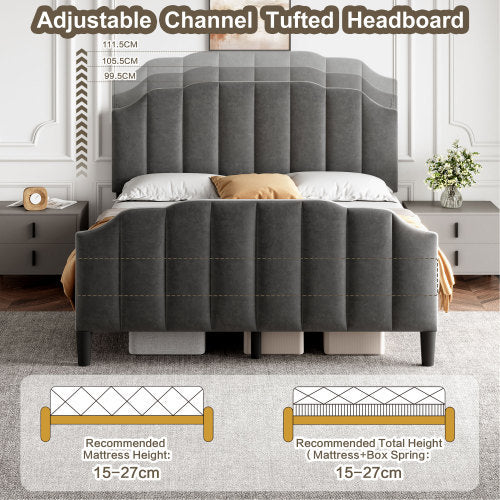 UK Local 4ft6 Double Upholstered Bed Frame With Adjustable Chic Channel-Tufted Headboard, Velvet Platform Bed Frame With Solid Wood Slat And Mute Foam, No Box Spring Needed, Easy Assembly, Grey No Mattress