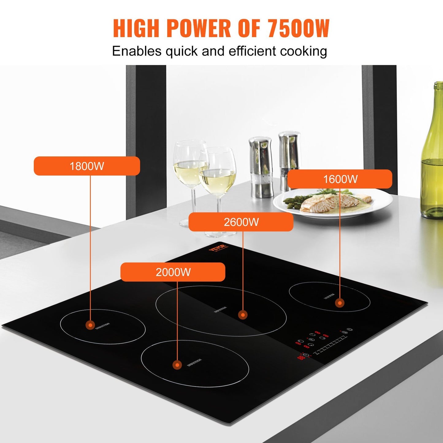 US Local Electric Cooktop, 4 Burners, 30 Induction Stove Top, Built-in Magnetic Cooktop 7500W, 9 Heating Level Multifunctional Burner, LED Touch Screen With Child Lock Over-Temperature Protection
