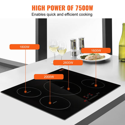 US Local Electric Cooktop, 4 Burners, 30 Induction Stove Top, Built-in Magnetic Cooktop 7500W, 9 Heating Level Multifunctional Burner, LED Touch Screen With Child Lock Over-Temperature Protection