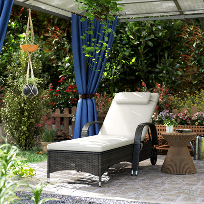 US Local Outdoor Chaise Lounge, 5-Level Adjustable Backrest Rattan Pool Lounge Chair With Wheels, Cushion & Headrest, Cream