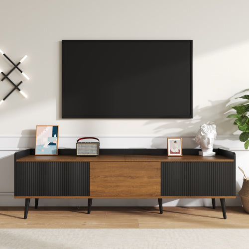 UK Local TV Cabinet, TV Table, TV Stand, Three-Door Base Cabinet. Compact Design. Black And Natural Wood Finish. Height 49.5 Cm  Length 160 Cm  Width 39 Cm