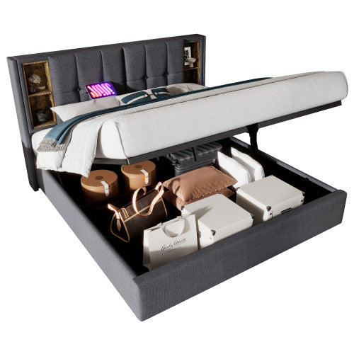 UK Local Upholstered Double Bed 135 X 190cm With Wireless Charging  USB Tyep-C, Hydraulic Storage Bed With Hydraulic Lever, Linen Fabric 4FT6 Double Bed Frame With Large Storage Space, Grey No Mattress
