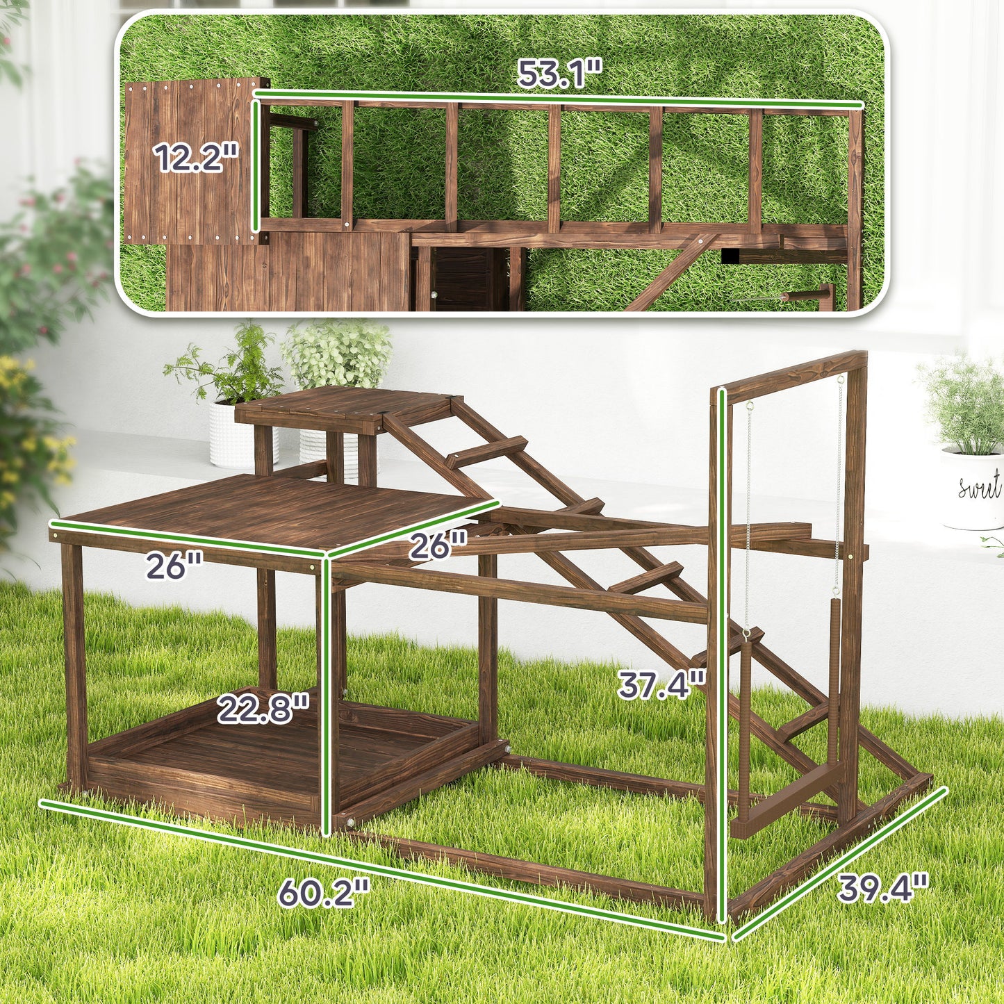 US Local Wooden Chicken Activity Play Set With Perch, Swing, Ladder, Platforms, Feeder Storage, Coffee