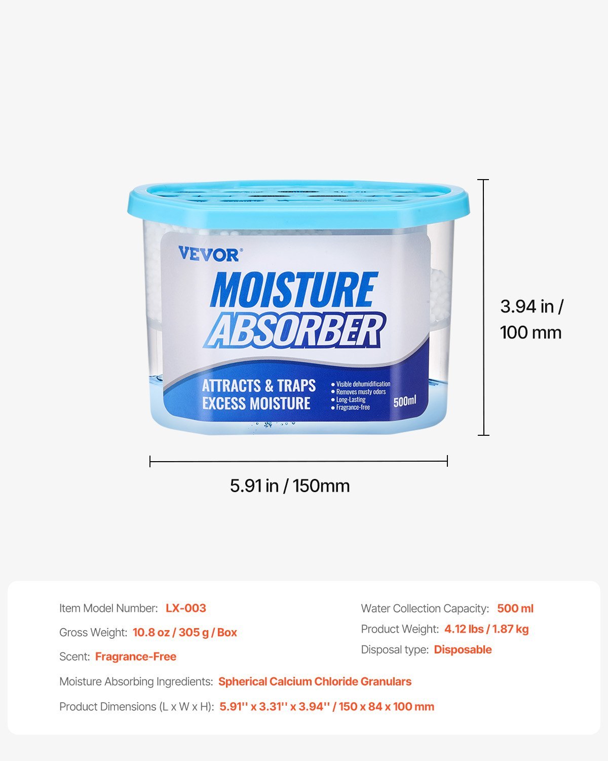 US Local VEVOR Moisture Absorber Boxes, 10.8 Oz Humidity Absorber Boxes 6 Packs , Fragrance Free Dehumidifier Attracts Extra Moisture From Your Bathroom, Closet, And Kitchen