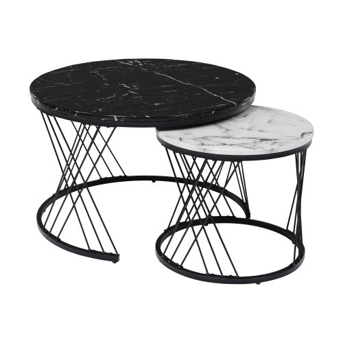 UK Local Round Coffee Table, Modern Coffee Table Set Of 2 Marble Pattern Top With Metal Frame, Small Side Table, End Table For Living Room, Bedroom, Home Office, Farmhouse, White And Black