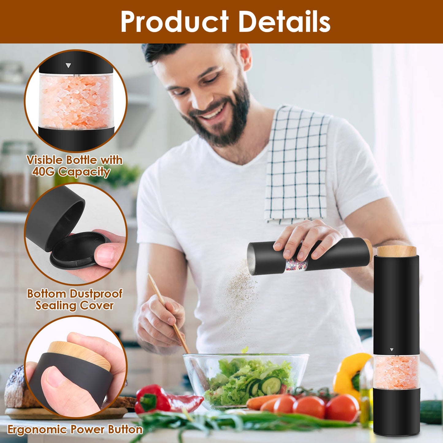 US Local 2Pcs Electric Salt And Pepper Grinder Battery Powered Salt Mill Sets With Adjustable Coarseness One Hand Easy Operation Visible Refilling Bottle