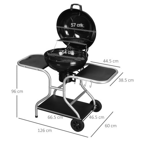 UK Local Outsunny Portable Charcoal Kettle Grill Outdoor Barbecue Trolley BBQ Heat Smoker Grilling With 2 Wheels, Storage Shelf And 4 Hooks, Free Standing, Black