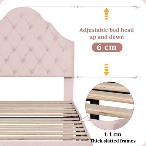 UK Local Upholstered Bed 90X190 With Slatted Frame And Headboard, Upholstered Bed With Height-adjustable Headboard, Youth Bed, Single Bed, Wooden Slat Support, Easy Assembly, Velvet, Pink