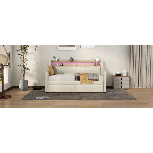 US Local Twin Size Daybed With Storage Drawers, Upholstered Daybed With Charging Station And LED Lights, Beige
