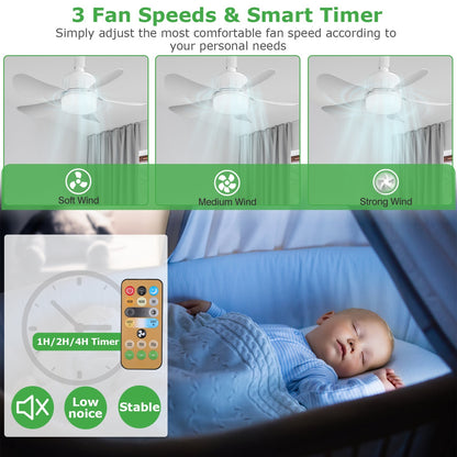 US Local 1Pc Socket Fan Light 12W Ceiling Fan With Lights Dimmable LED Ceiling Fan With 3 Fan Speed Stepless Brightness And Color Temperature Smart Timer Remote Control