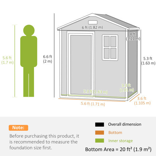 UK Local Outsunny 6 X 4ft Outdoor Shed With Foundation, Lockable Door, Vents, Windows, Plastic Shed For Tool Storage, Grey
