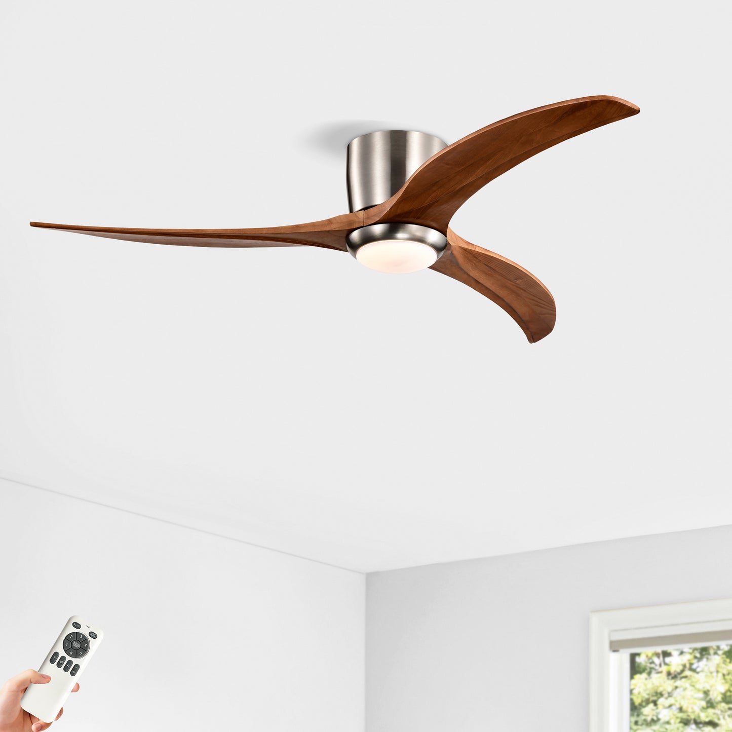 US Local 52 Inches Recessed Ceiling Fan Solid Wood Blade Ceiling Fan With Light Strip Remote Control, Noiseless Reversible Motor, 6 Speed, Suitable For Patio Living Room, Bedroom, Indoor, Nickel Color