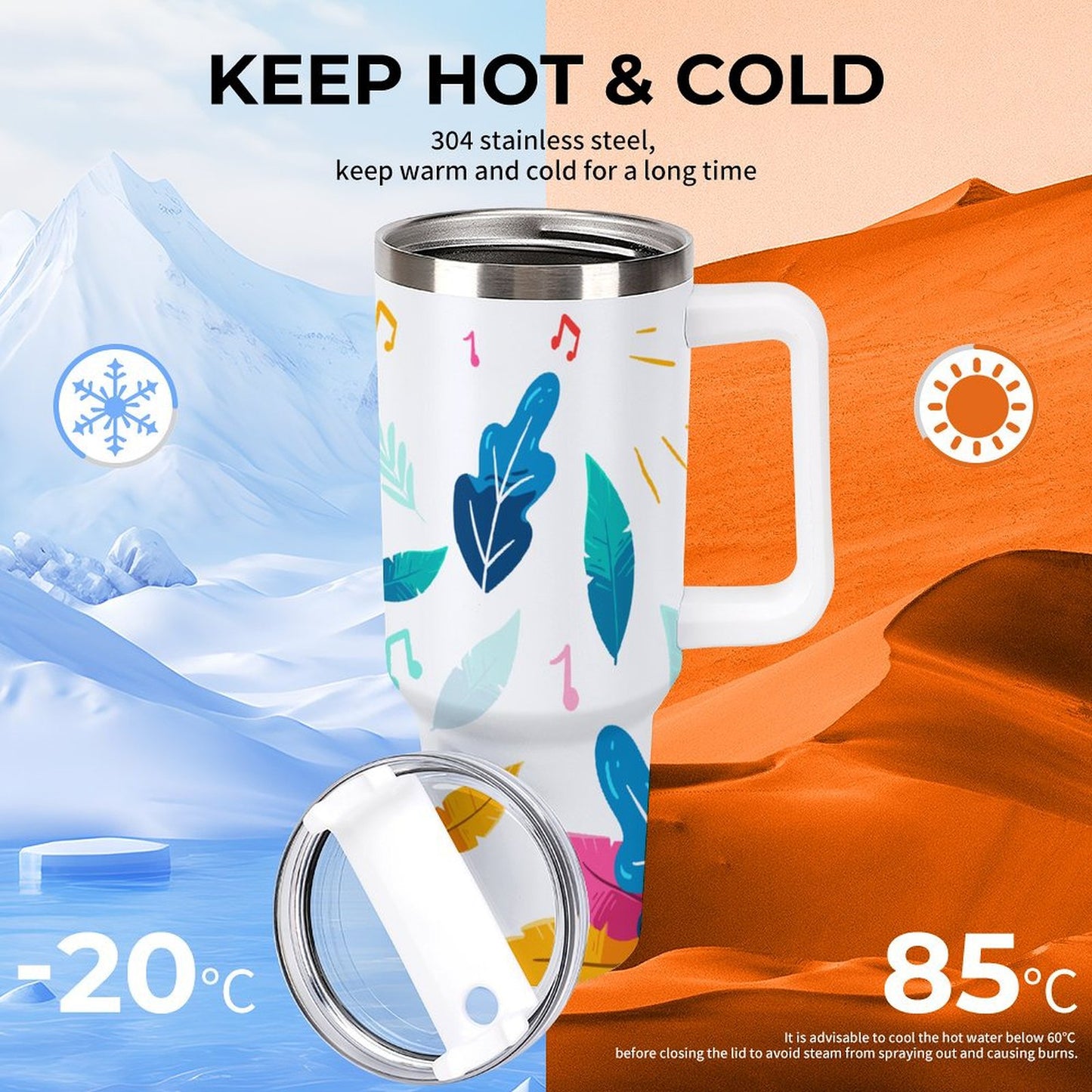 PHDT00491 POD US Local Tumbler 40oz Large Capacity Car Cup Feathers, Music