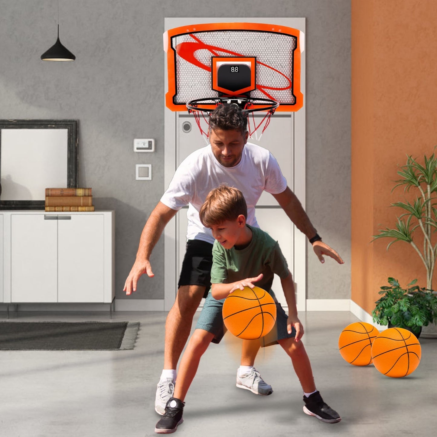 US Local 1Set Indoor Mini Basketball Hoop Set Over Door Basketball Hoop With 4 Inflatable Balls Electric Audio Scorer Foldable Basket Gift For Kids And Adults