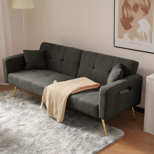 UK Local The Sofa Bed Has A Bed Function, Three Adjustable Backrest Angles, Gold Legs, Cushions And Side Storage Pockets