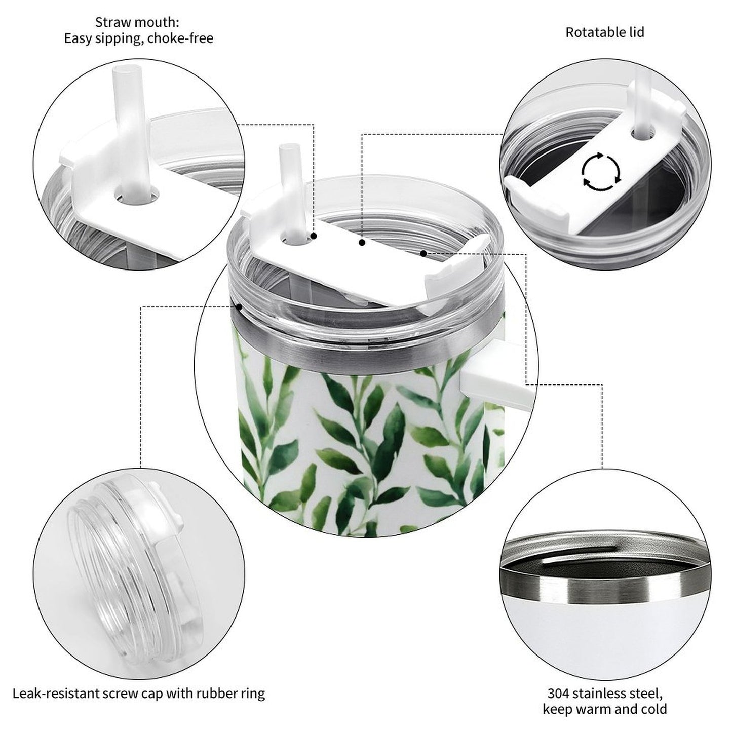 PHDT00473 POD US Local Tumbler 40 oz Large Capacity Car Cup Watercolor, Green Leaves, Spring