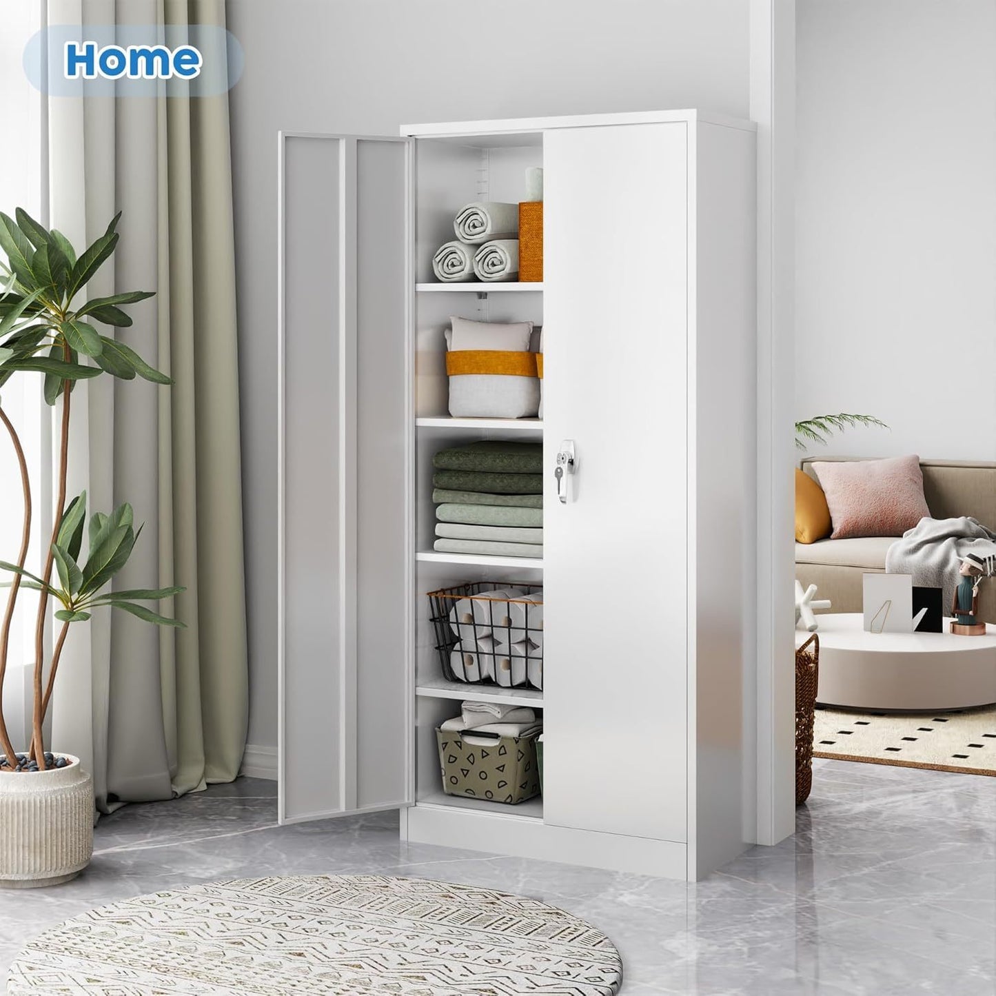 US Local Metal Cabinet,Garage Storage Cabinet With 4 Adjustable Shelves,Locking Tool Cabinets For Garage,Home,Office,Gym,School White