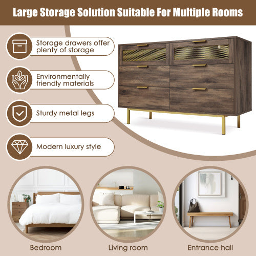 UK Local Sideboard Cabinet Dresser With 6 Drawers, Metal Handles Dresser, Multipurpose Cabinet For Hallway, Bedroom, Living Room, And Children's Room.120 X 40 X 76 Cm, Dark Brown