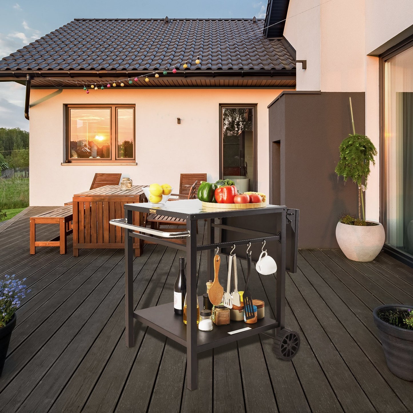 US Local Outdoor Grill Dining Cart With Double-Shelf, BBQ Movable Food Prep Table, Multifunctional Foldable Iron Table Top, Portable Modular Carts For Pizza Oven, Worktable With 2 Wheels, Carry Handle