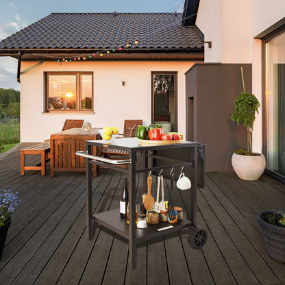 US Local Outdoor Grill Dining Cart With Double-Shelf, BBQ Movable Food Prep Table, Multifunctional Foldable Iron Table Top, Portable Modular Carts For Pizza Oven, Worktable With 2 Wheels, Carry Handle