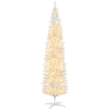 US Local HOMCOM 8' Tall Pre-Lit Slim Noble Fir Artificial Christmas Tree With 300 Warm White LED Lights And 618 Tips, For Christmas Decoration, White