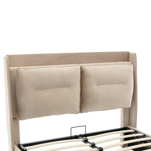 UK Local Upholstered Bed, 135x190 4ft6, Double Bed, Hydraulic Bed, 2-in-1 Storage Drawers At The End Of The Bed, Recessed LED Light Strips On Both Sides Of The Bed, Slatted Frame, Velvet,Beige