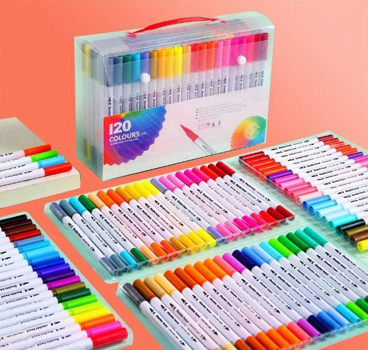 US Local 120-Piece Colored Marker And Watercolor Pen Set - Highly Saturated Colors, Quick-Drying, Bleed-Resistant, Dual Nibs, Art Essentials, Portable And Organizable, Spark Your Creativity Anytime.