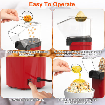 US Local Hot Air Popcorn Popper Maker With Measure Cup And Butter Warmer 1200W Oil-Free Easy To Use 8Cups Mini Popcorn Maker Machine For Home