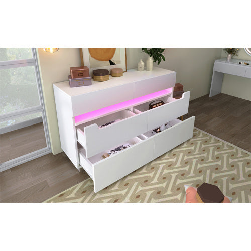 UK Local Sideboard Cabinet Dresser With 6 Drawers,Storage With RGB LED App Control, Sideboard With Cut-out Handles, 6-drawers Chest Of Drawers, 71 X 120 X 40 Cm, White