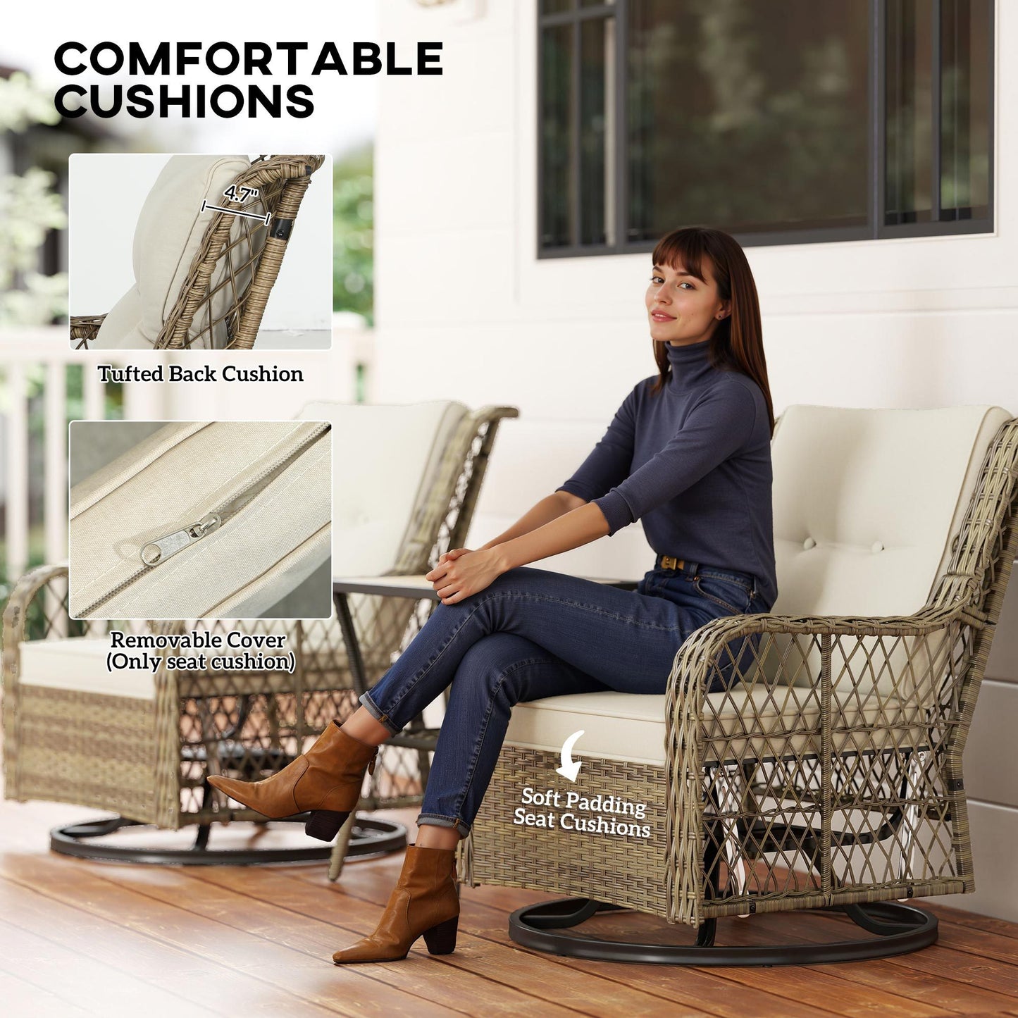 US Local 3 Piece Outdoor Bistro Set, Wicker Small Patio Furniture Set With Swivel Glider Chairs For Balcony, Porch, Beige