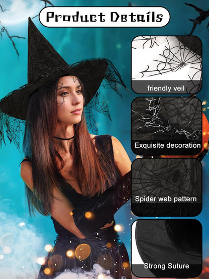 US Local 2 Pieces Halloween Witch Hat Costume Witches Hats For Women Black Foldable Pointed Cap For Halloween Party Costume