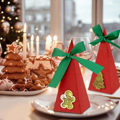 US Local 20 Packs Christmas Treat Boxes Goody Boxes Pre-Assembled Triangle Christmas Packing Box Christmas Tree Socks Gold Card Xtmas Cookie Gift Box For Christmas Birthday Wedding Party